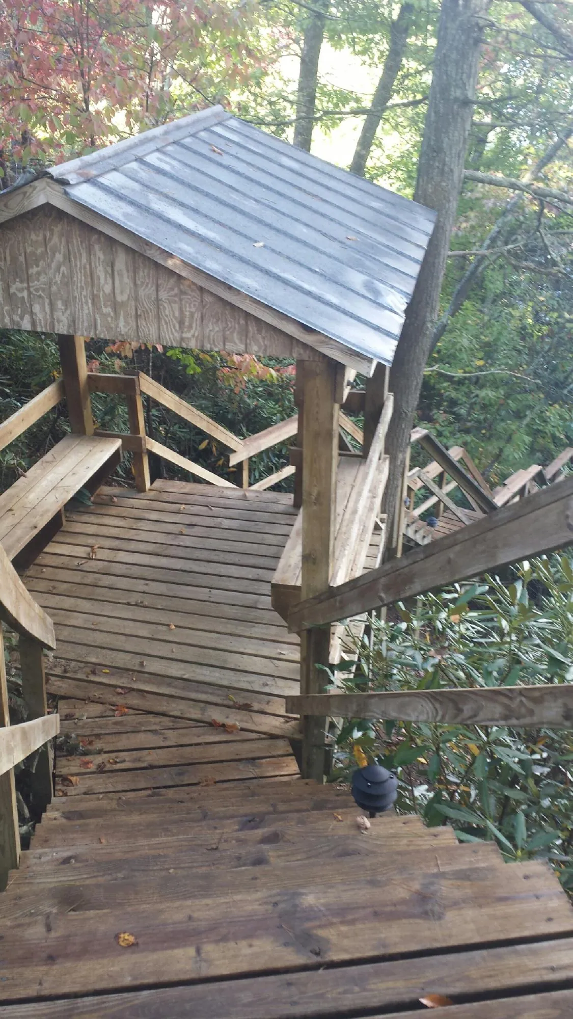 Metal roofed shelter over wooden steps on a wooded walkway — Skylight Repair & Installation work by our crew in Broomfield